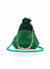 Glamour Glow Pearl Potli Bag – Silver Crystal Wedding Clutch for Women in Pakistan-Green