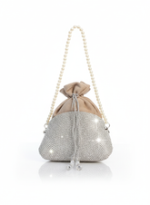 Glamour Glow Pearl Potli Bag – Silver Crystal Wedding Clutch for Women in Pakistan-Silver