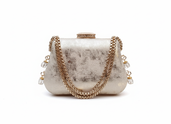 Aurora Gold – Bridal Box Clutch by Nayab Khatoon | Crystal Chain Wedding Purse Pakistan
