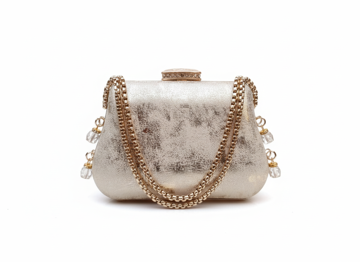 Aurora Gold – Bridal Box Clutch by Nayab Khatoon | Crystal Chain Wedding Purse Pakistan