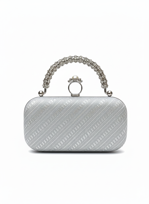 Crystal Ring Handle Clutch – Nayab Khatoon | Silver Bridal Wedding Clutch Bag | Luxury Party Handbag
