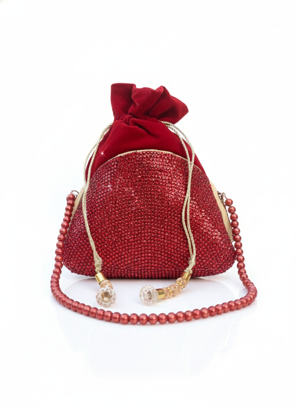 Glamour Glow Pearl Potli Bag – Silver Crystal Wedding Clutch for Women in Pakistan-Maroon