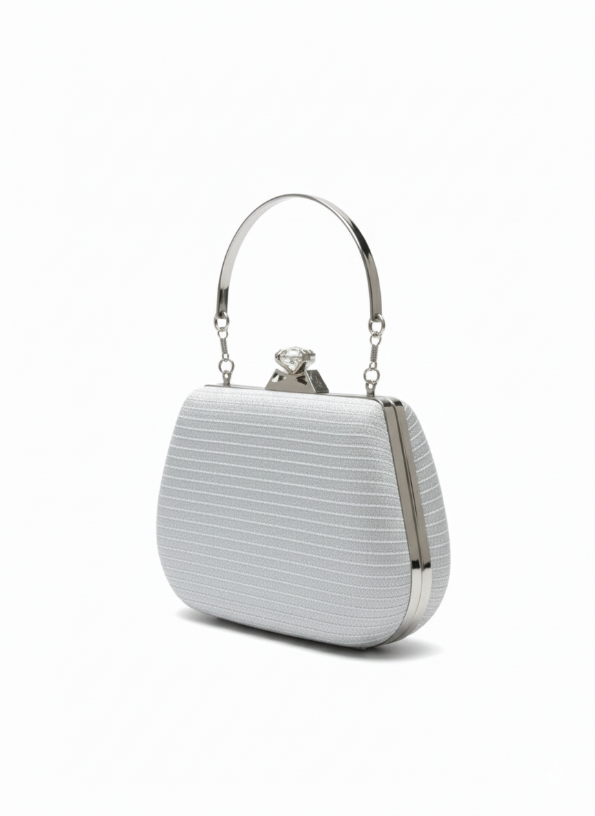 Crystal Crown Evening Clutch – Luxury Golden Top Handle Bag with Removable Chain-Silver