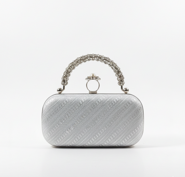 Crystal Ring Handle Clutch – Nayab Khatoon | Silver Bridal Wedding Clutch Bag | Luxury Party Handbag