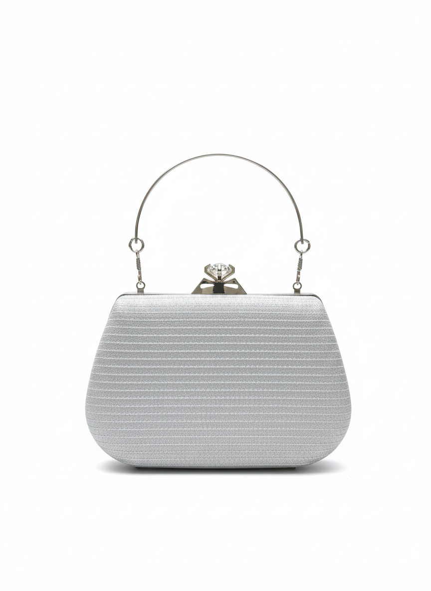Crystal Crown Evening Clutch – Luxury Golden Top Handle Bag with Removable Chain-Silver