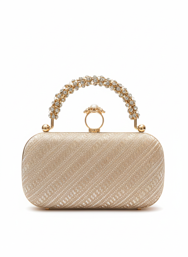 Crystal Ring Handle Clutch – Nayab Khatoon | Golden Bridal Wedding Clutch Bag | Luxury Party Handbag