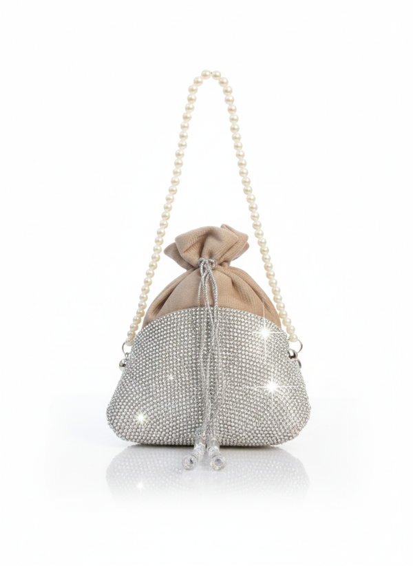 Glamour Glow Pearl Potli Bag – Silver Crystal Wedding Clutch for Women in Pakistan-Silver