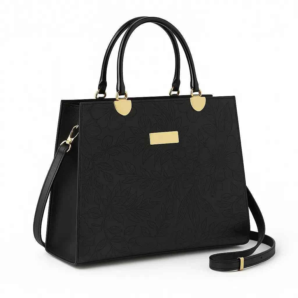 Noir Flora – Gold Handle Tote Handbag for Women | Elegant Bag – Nayab Khatoon