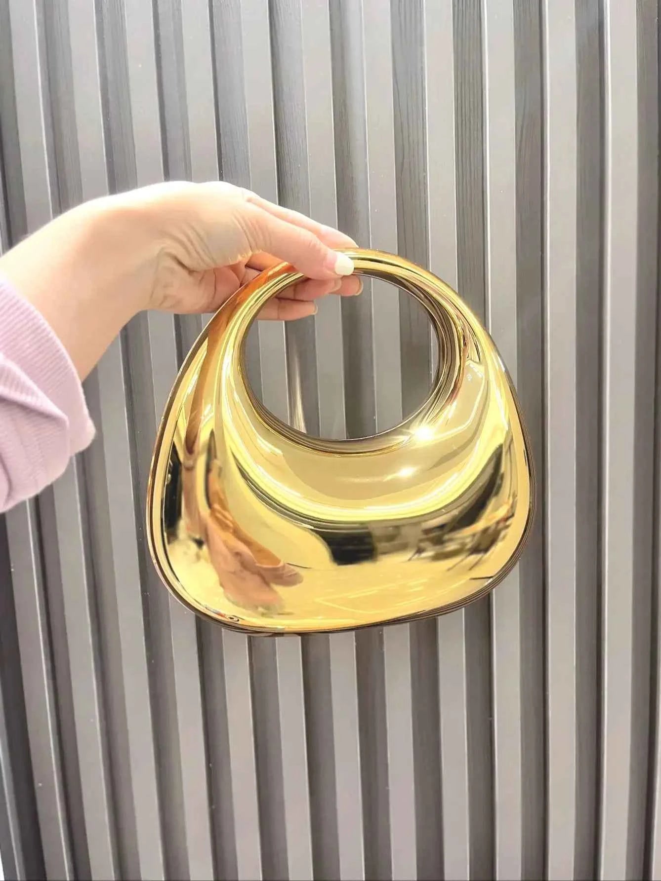 Aurora Metallic Moon Clutch – Golden | Removable Chain | Premium Party Wear Bag – Nayab Khatoon