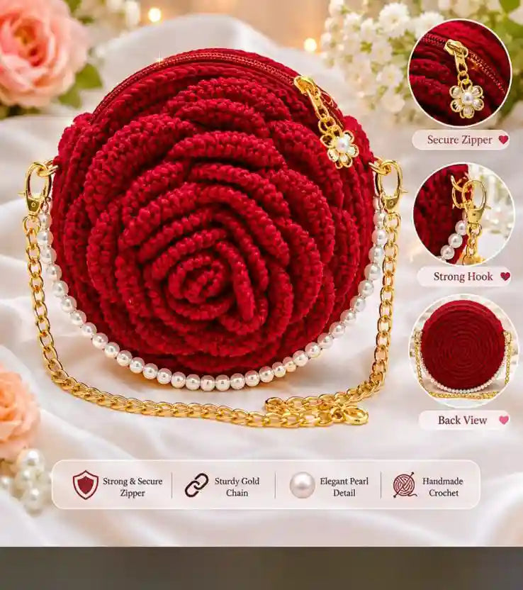 Bloomé Handmade Crochet Rose Crossbody Bag red