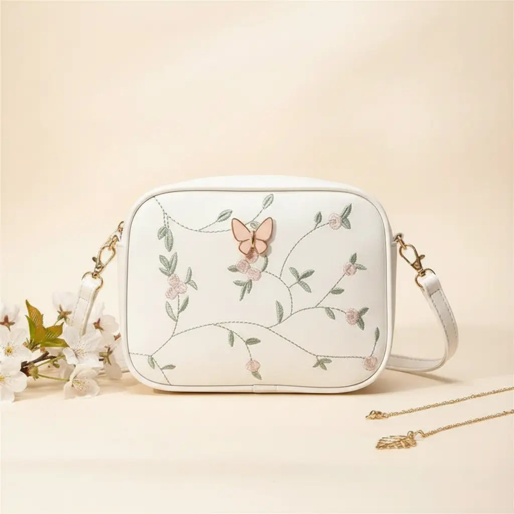 Embroidered Butterfly White Crossbody Bag | Nayab Khatoon Pakistan