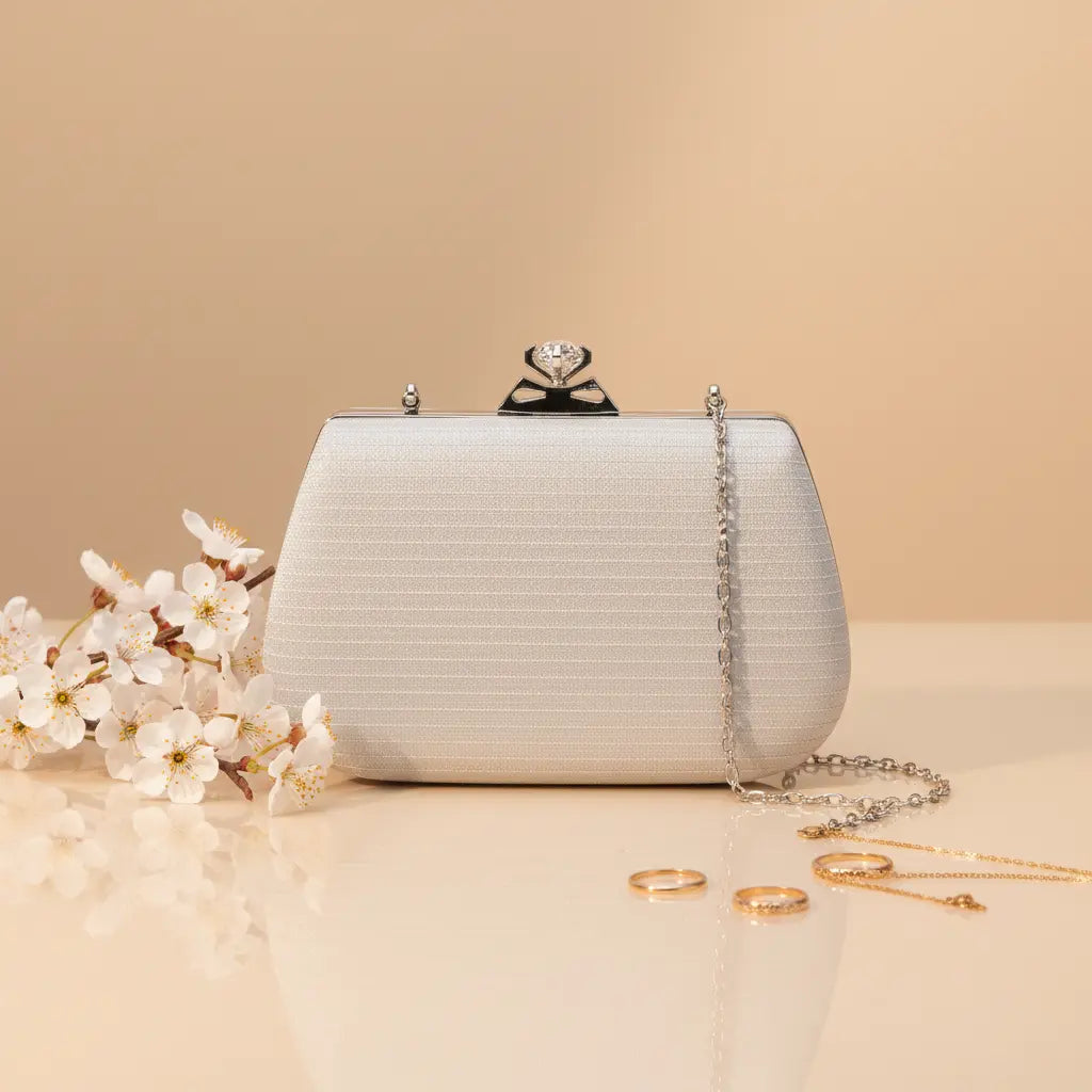 Crystal Crown Evening Clutch – Luxury Golden Top Handle Bag with Removable Chain-Silver