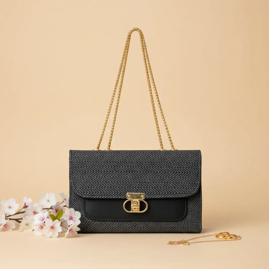 Denim Luxe Chain Bag for Women – Adjustable Strap, Front Pocket, Stylish Hand & Shoulder Carry black