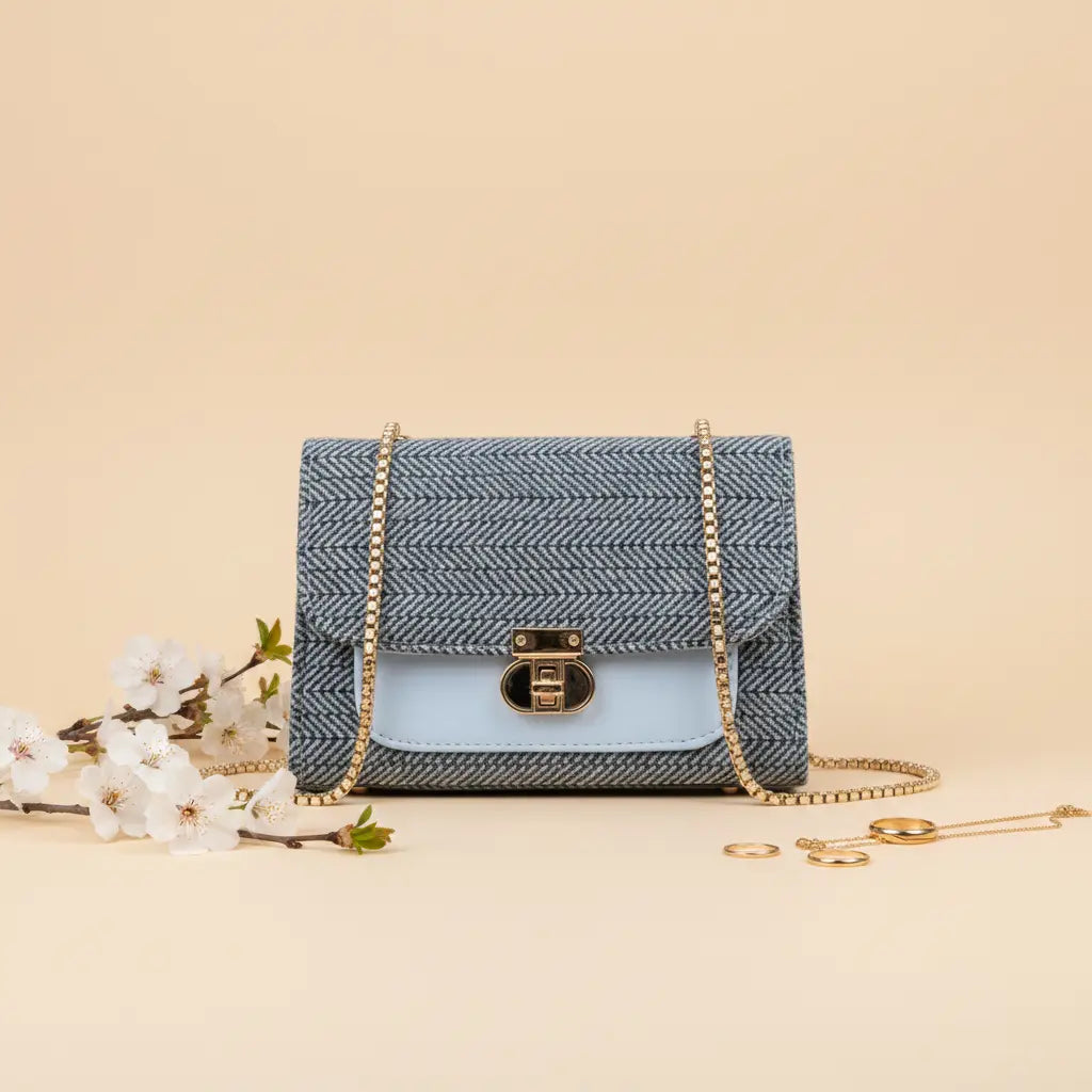 Denim Luxe Chain Bag for Women – Adjustable Strap, Front Pocket, Stylish Hand & Shoulder Carry Blue