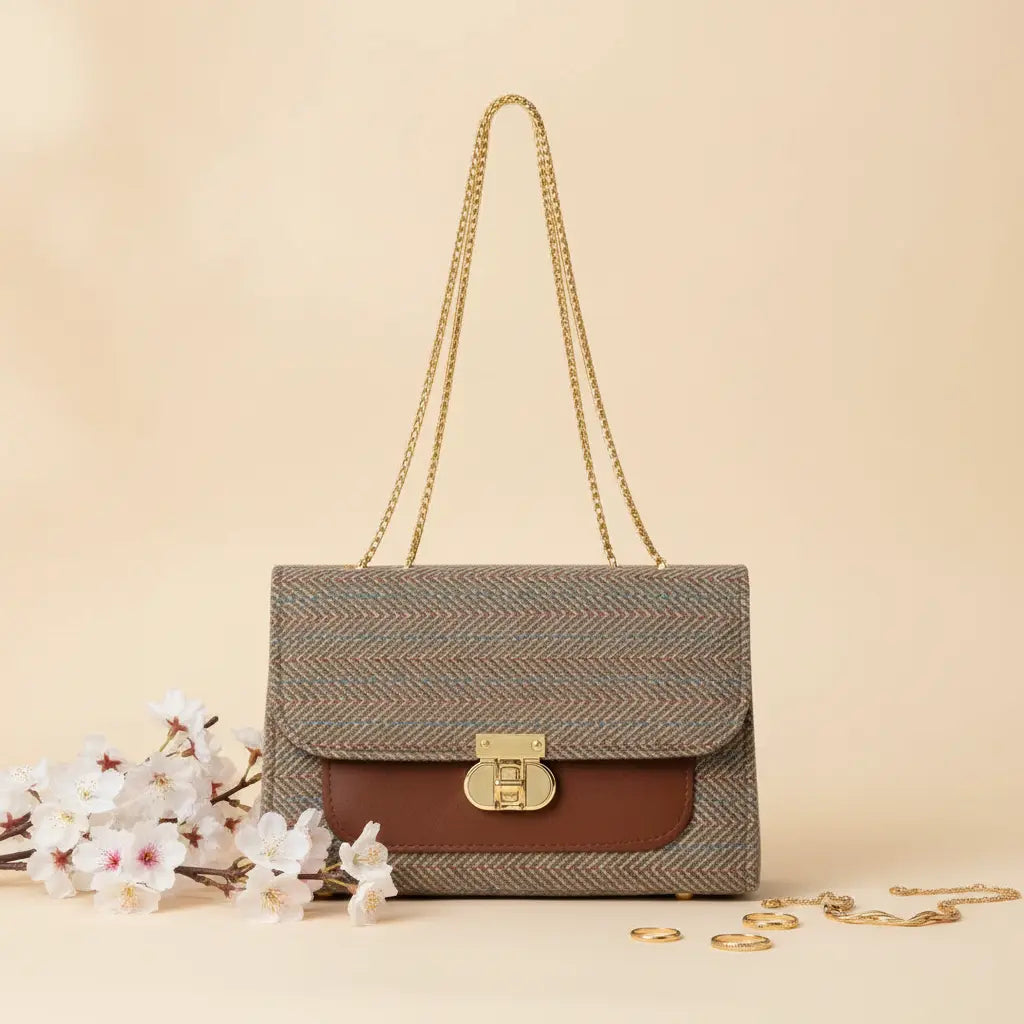 Denim Luxe Chain Bag for Women – Adjustable Strap, Front Pocket, Stylish Hand & Shoulder Carry brown