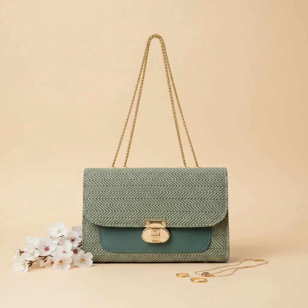 Denim Luxe Chain Bag for Women – Adjustable Strap, Front Pocket, Stylish Hand & Shoulder Carry green