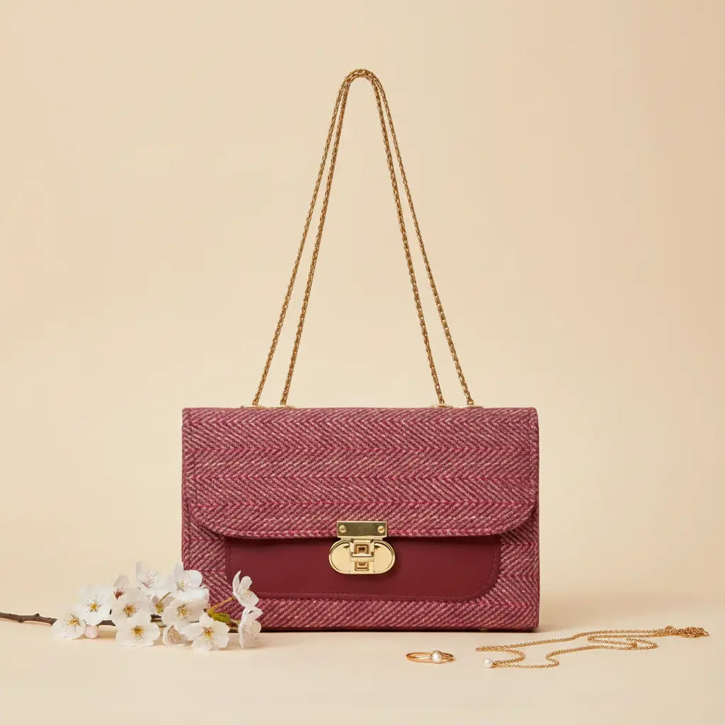 Denim Luxe Chain Bag for Women – Adjustable Strap, Front Pocket, Stylish Hand & Shoulder Carry maroon
