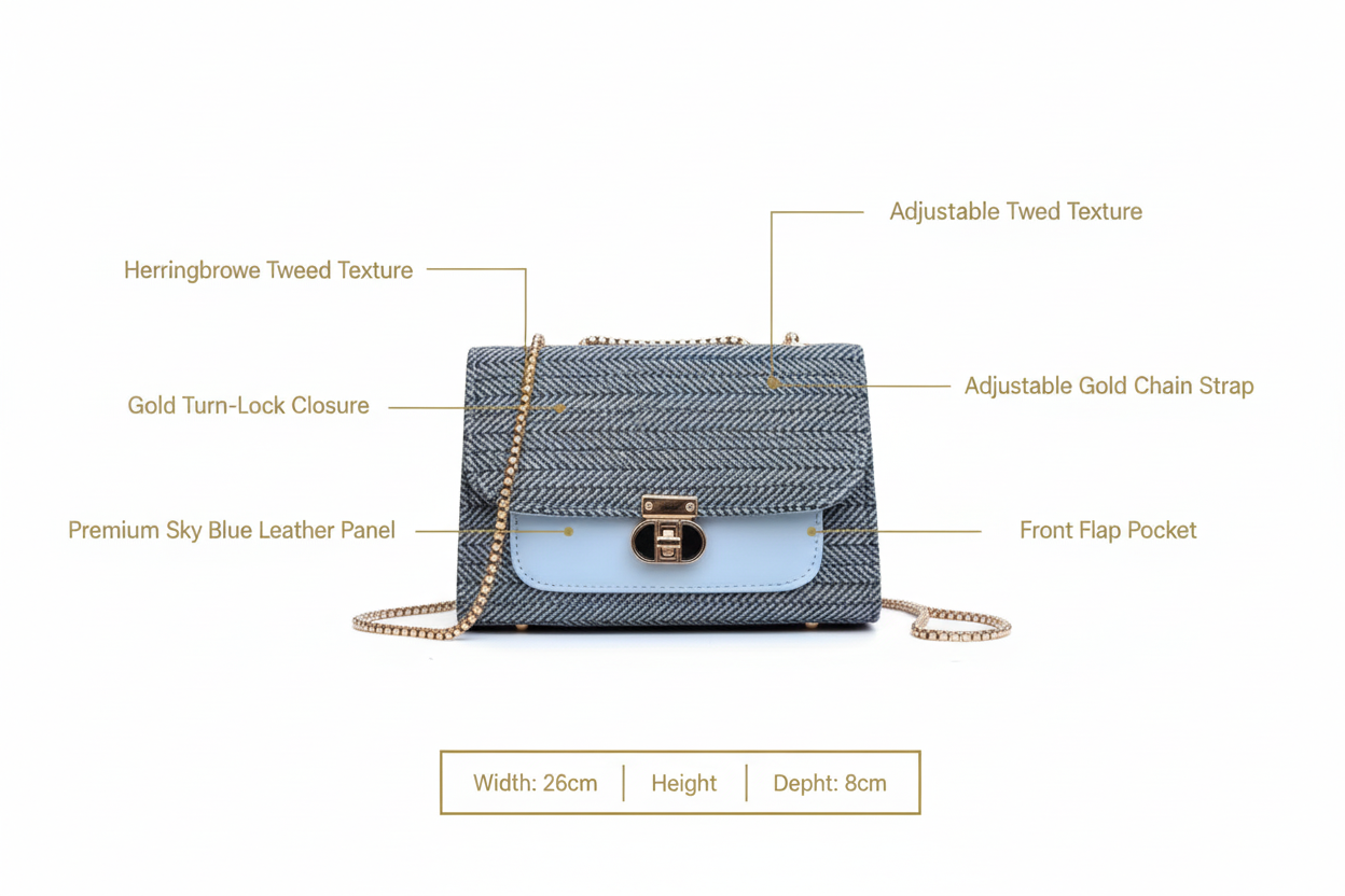 Denim Luxe Chain Bag - Size & Features Infographic