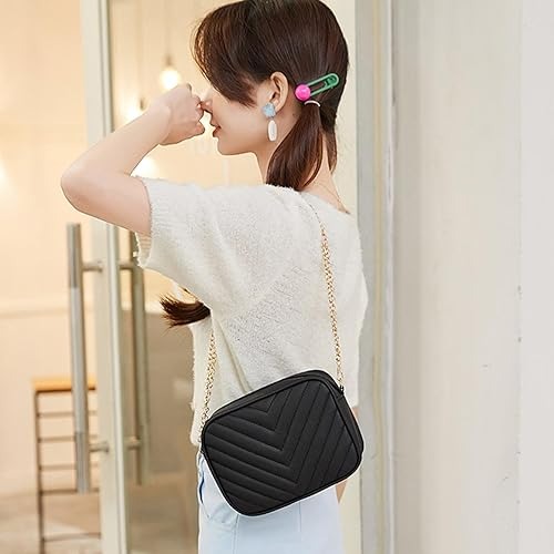 Stylish Black Quilted Crossbody Bag with Gold Chain - Women's Elegant Shoulder Bag