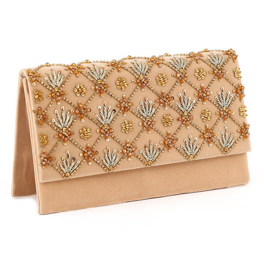 Elegant Beige Velvet Clutch with Gold Beaded Embroidery | Nayab Khatoon