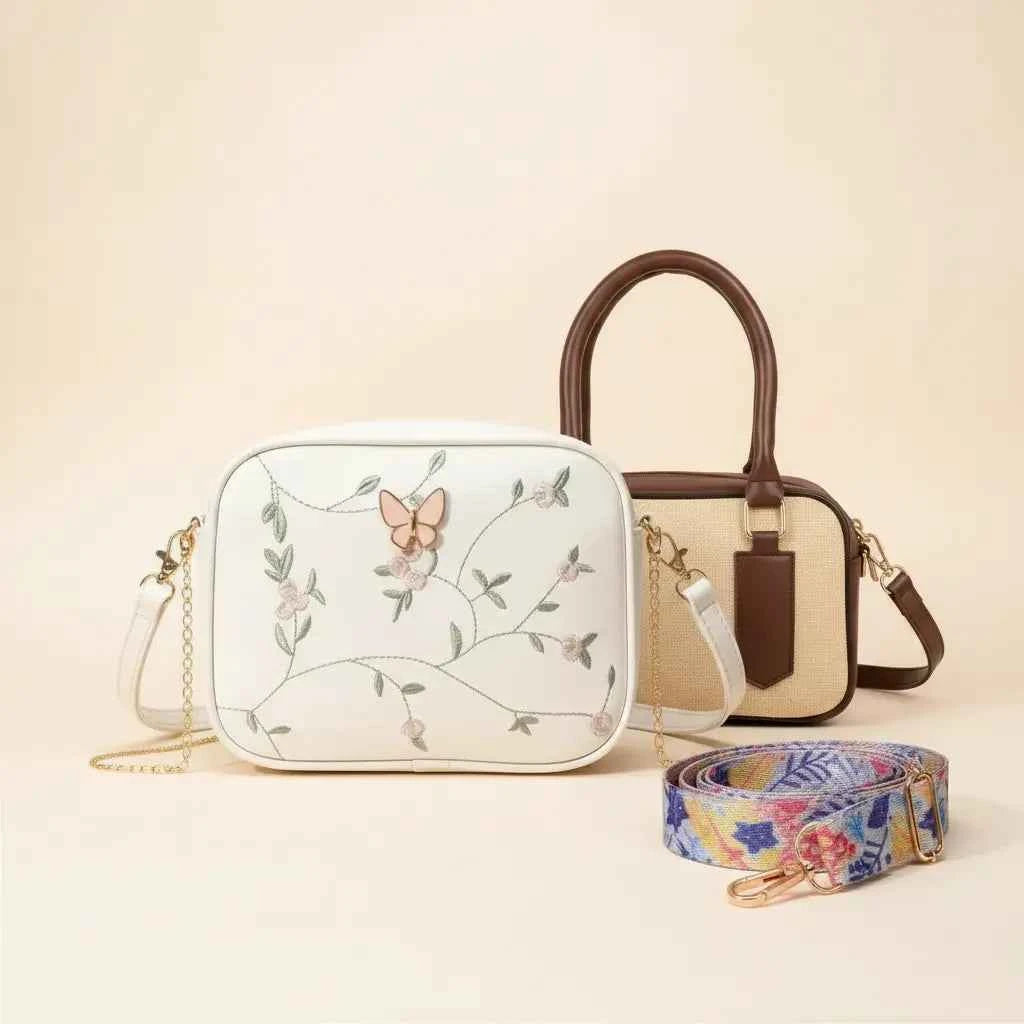 Luxury Everyday Bag Combo – Crossbody + Top Handle + Floral Strap