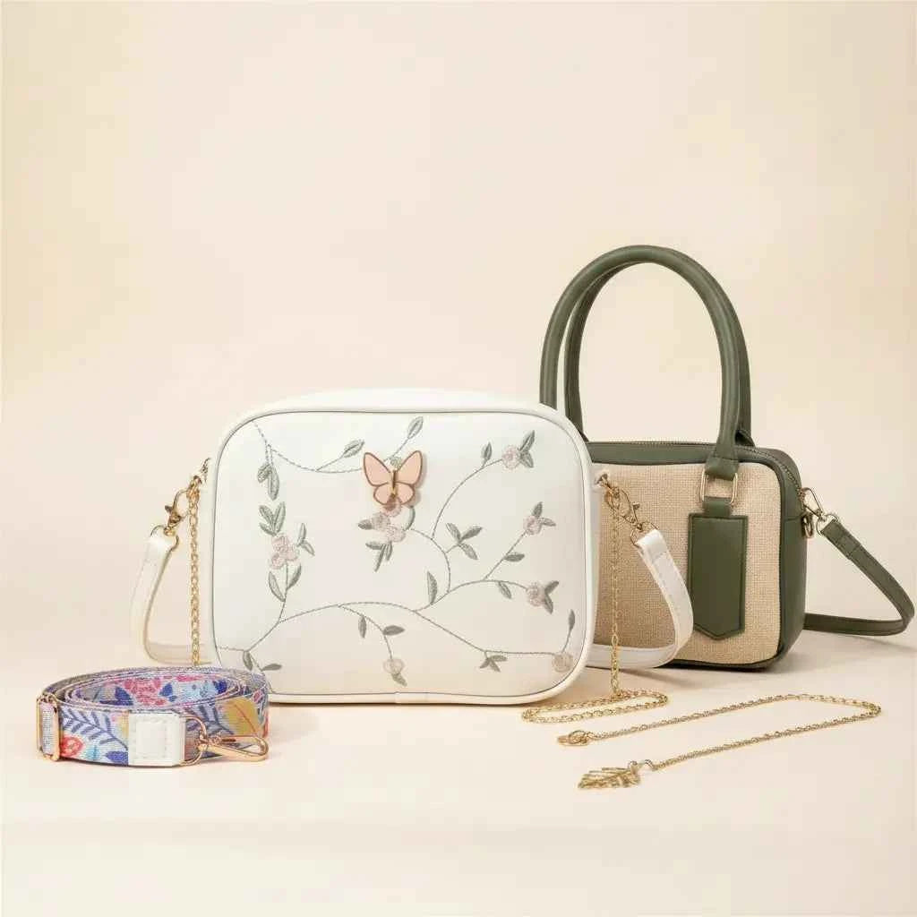 Luxury Everyday Bag Combo – Crossbody + Top Handle + Floral Strap