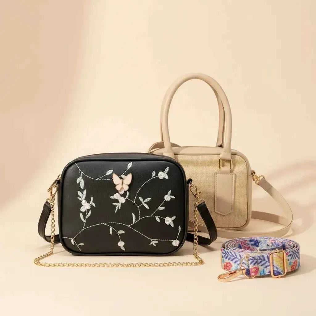 Luxury Everyday Bag Combo – Crossbody + Top Handle + Floral Strap
