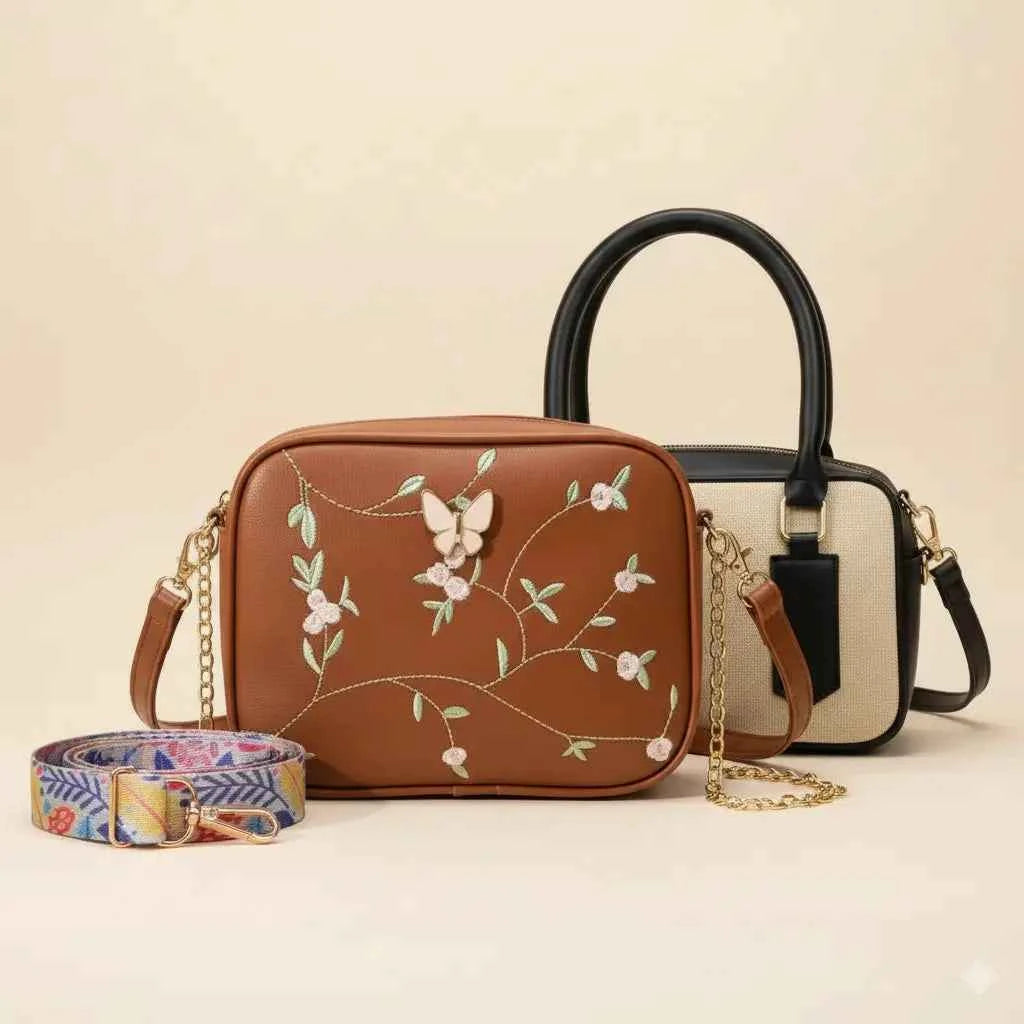 Luxury Everyday Bag Combo – Crossbody + Top Handle + Floral Strap