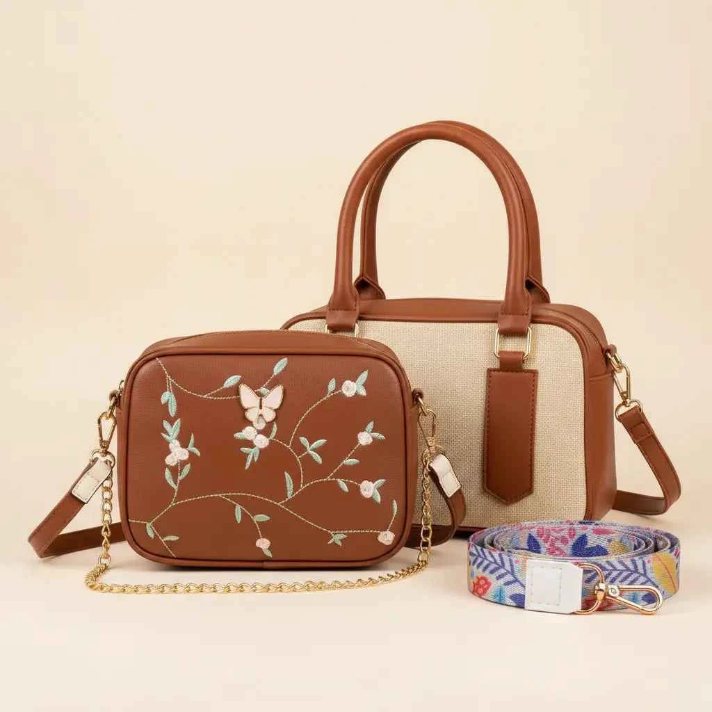 Luxury Everyday Bag Combo – Crossbody + Top Handle + Floral Strap