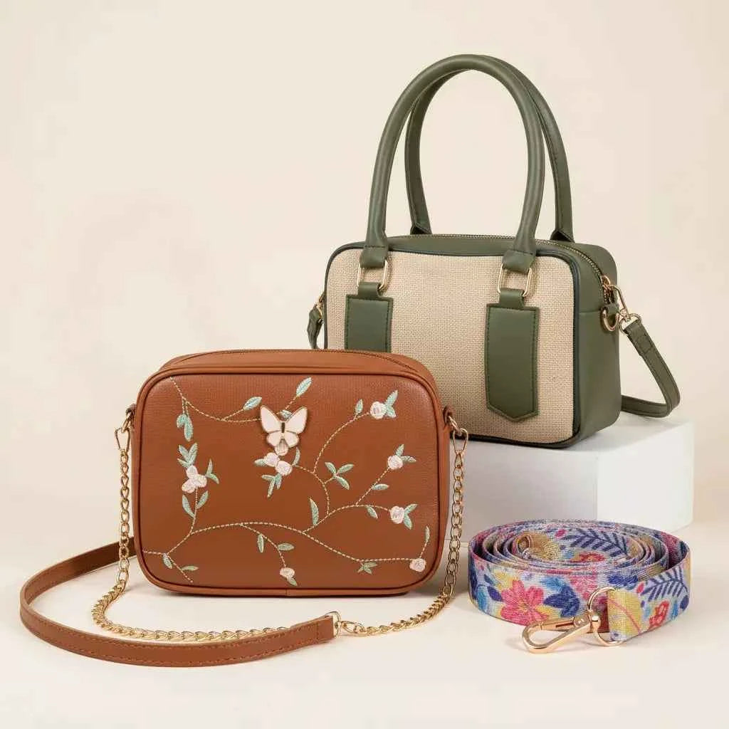 Luxury Everyday Bag Combo – Crossbody + Top Handle + Floral Strap