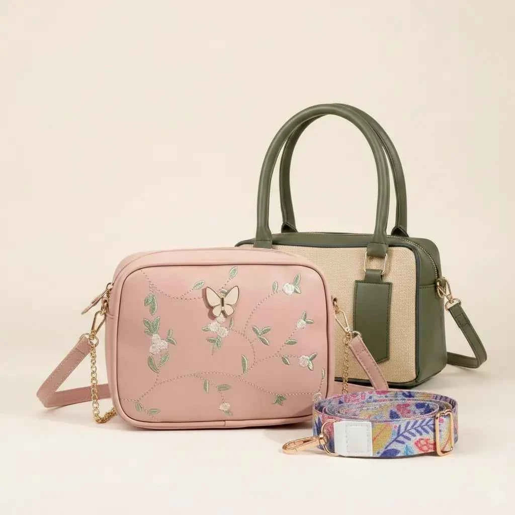 Luxury Everyday Bag Combo – Crossbody + Top Handle + Floral Strap