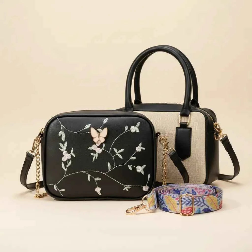 Luxury Everyday Bag Combo – Crossbody + Top Handle + Floral Strap
