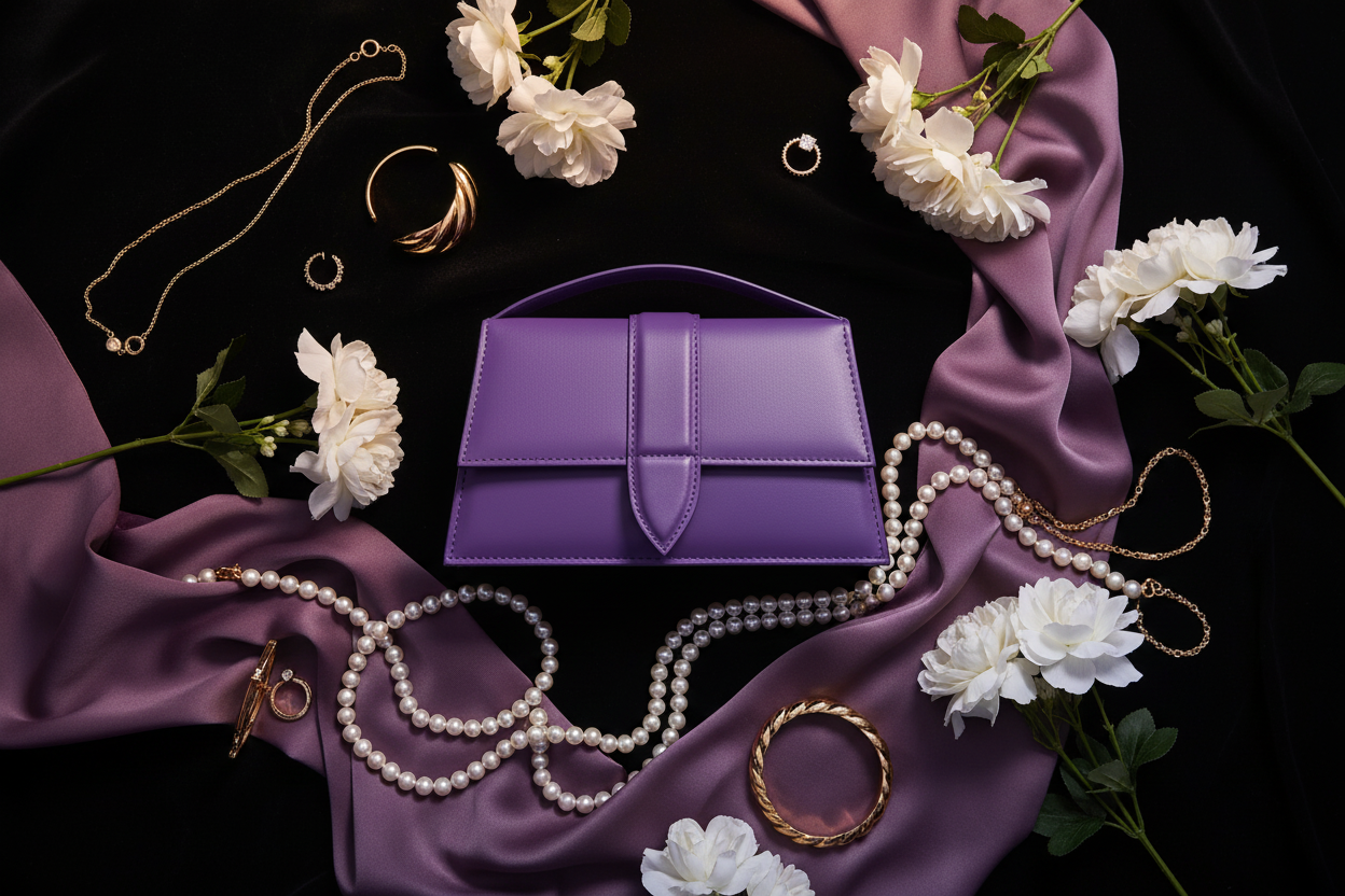 Nilofer Purple Handbag Flat Lay