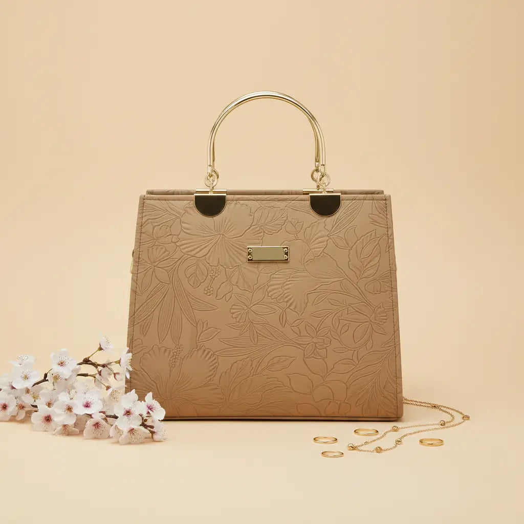 Noir Flora Beige – Gold Handle Tote Handbag for Women – Nayab Khatoon