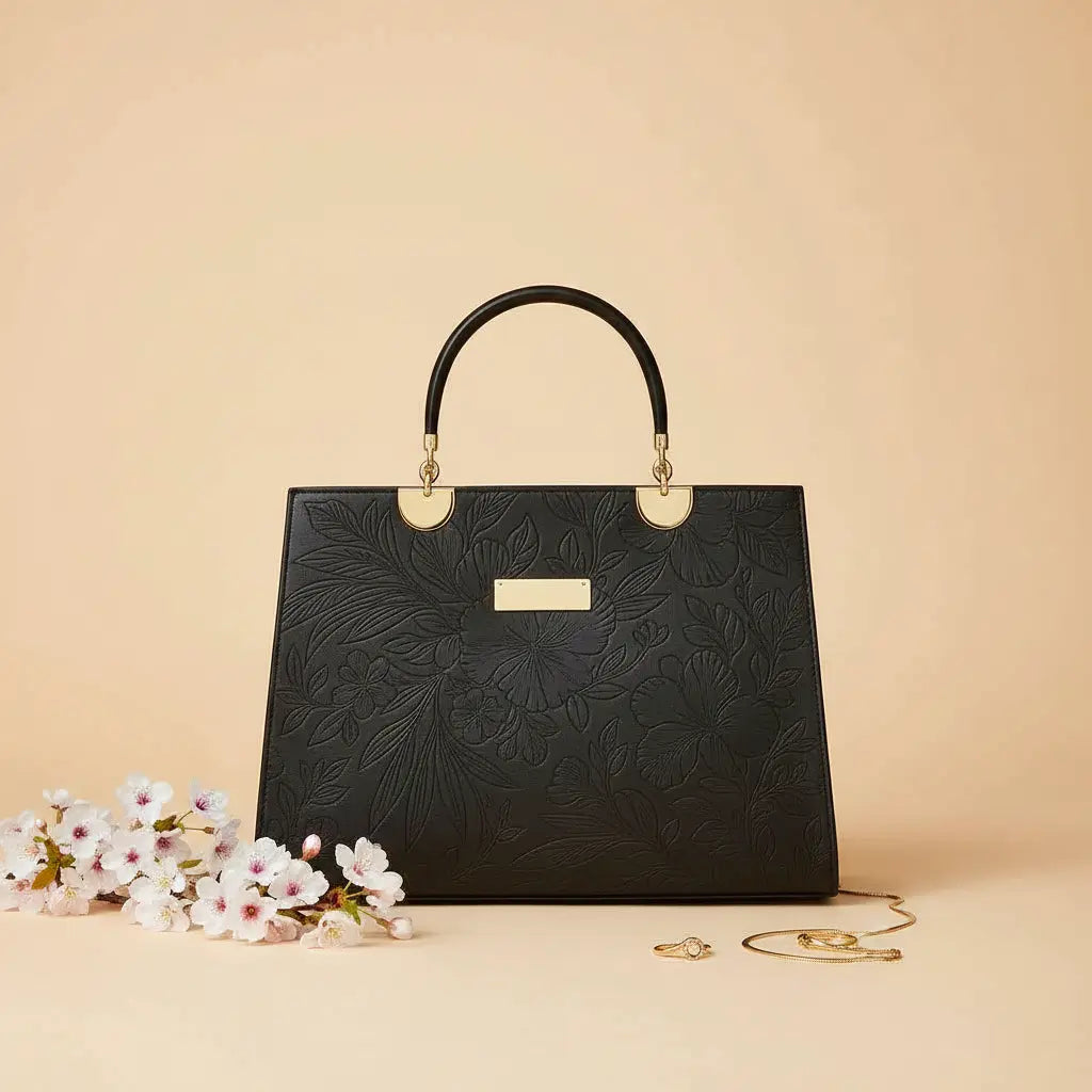 Noir Flora Black – Gold Handle Tote Handbag for Women – Nayab Khatoon