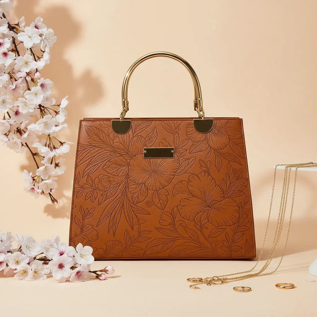 Noir Flora Brown – Gold Handle Tote Handbag for Women – Nayab Khatoon