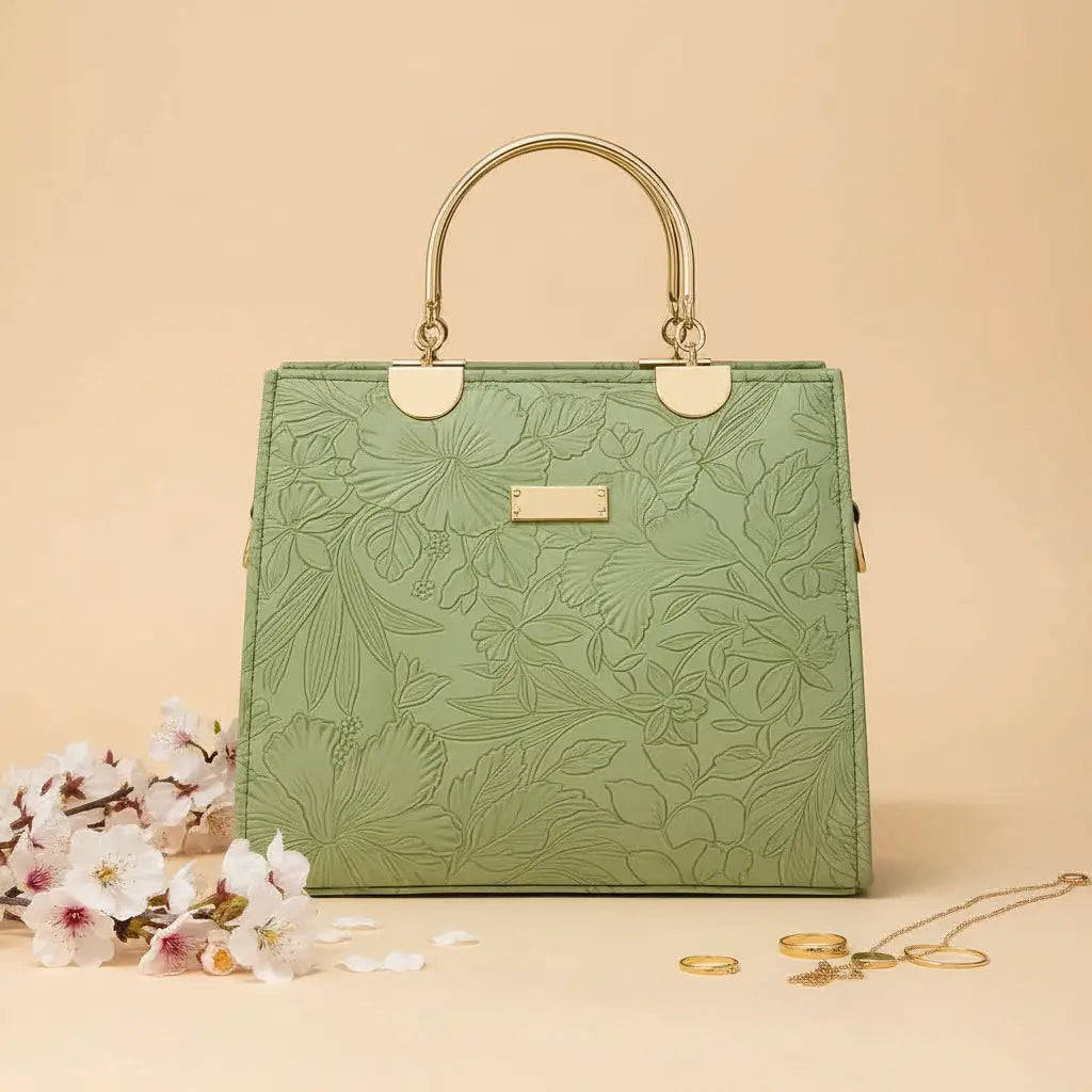 Noir Flora Green – Gold Handle Tote Handbag for Women – Nayab Khatoon
