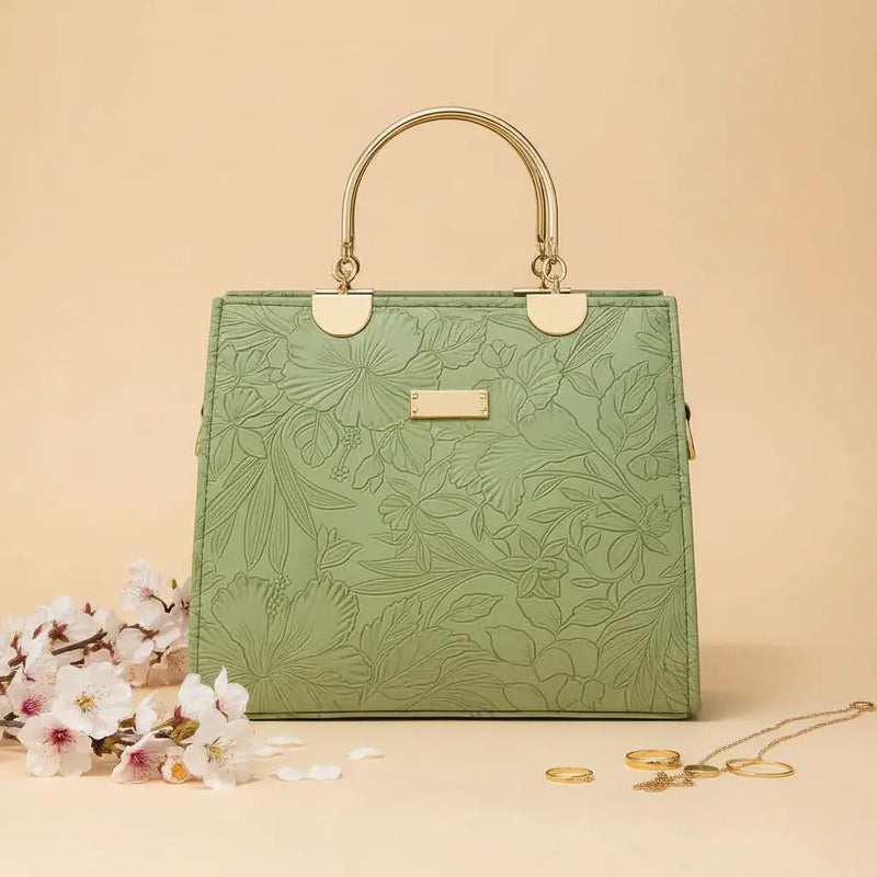 Noir Flora Green – Gold Handle Tote Handbag for Women – Nayab Khatoon