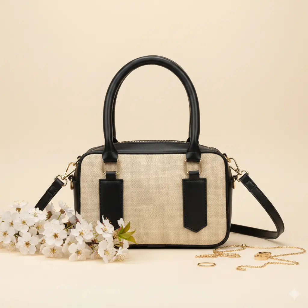 Noor Classic Handbag – Elegant Beige Top Handle Bag with Long Strap for Girls Black