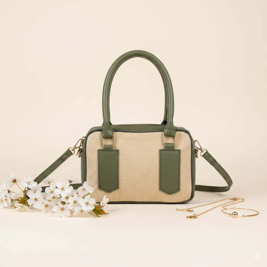 Noor Classic Handbag – Elegant Beige Top Handle Bag with Long Strap for Girls Green
