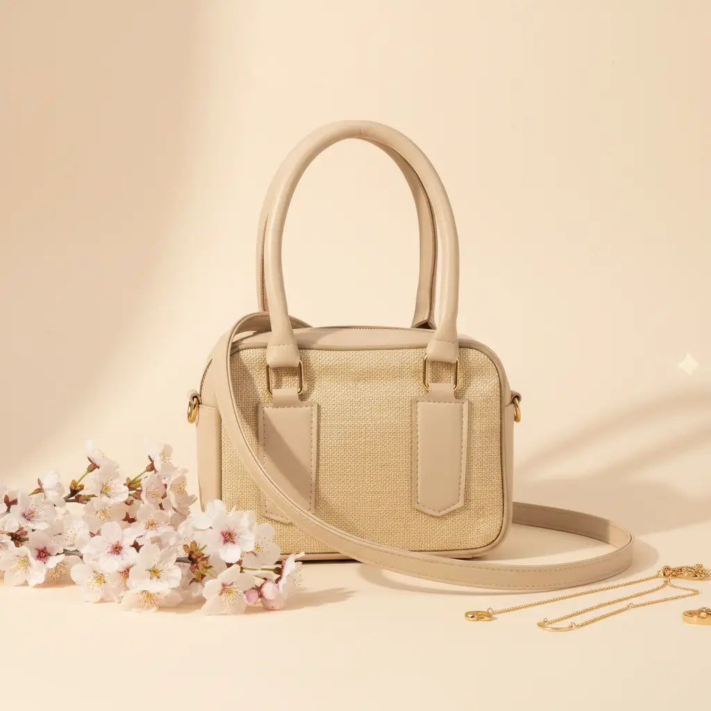 Noor Classic Handbag – Elegant Beige Top Handle Bag with Long Strap for Girls Skin