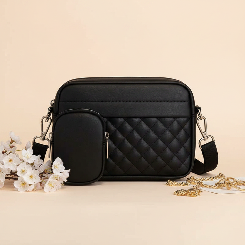 Quilted Black Crossbody Bag with Coin Pocket | Nayab Khatoon
