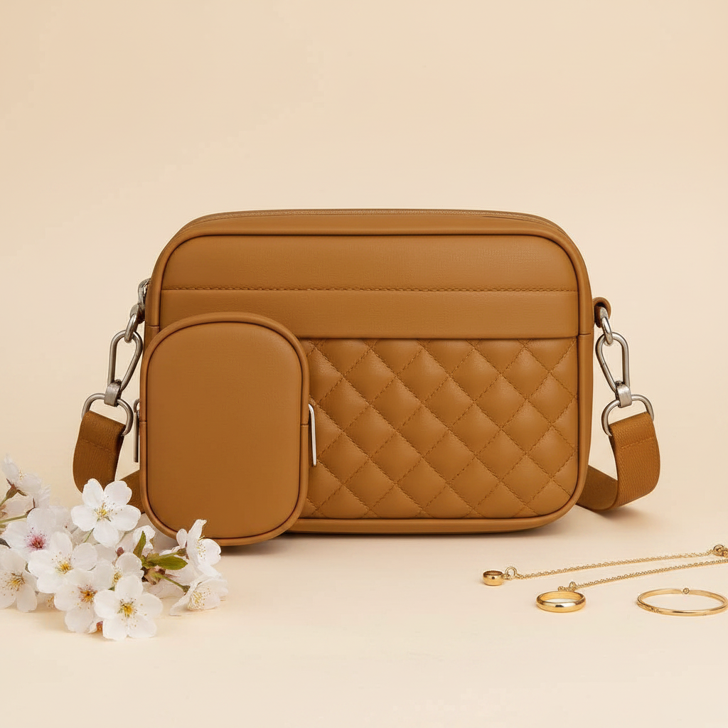 Quilted Brown Crossbody Bag with Coin Pocket | Nayab Khatoon