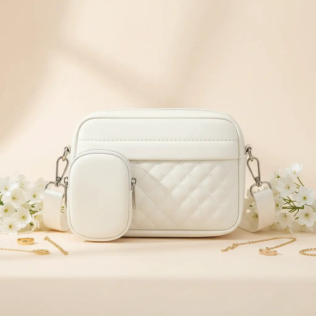 Quilted White Crossbody Bag with Coin Pocket | Nayab Khatoon