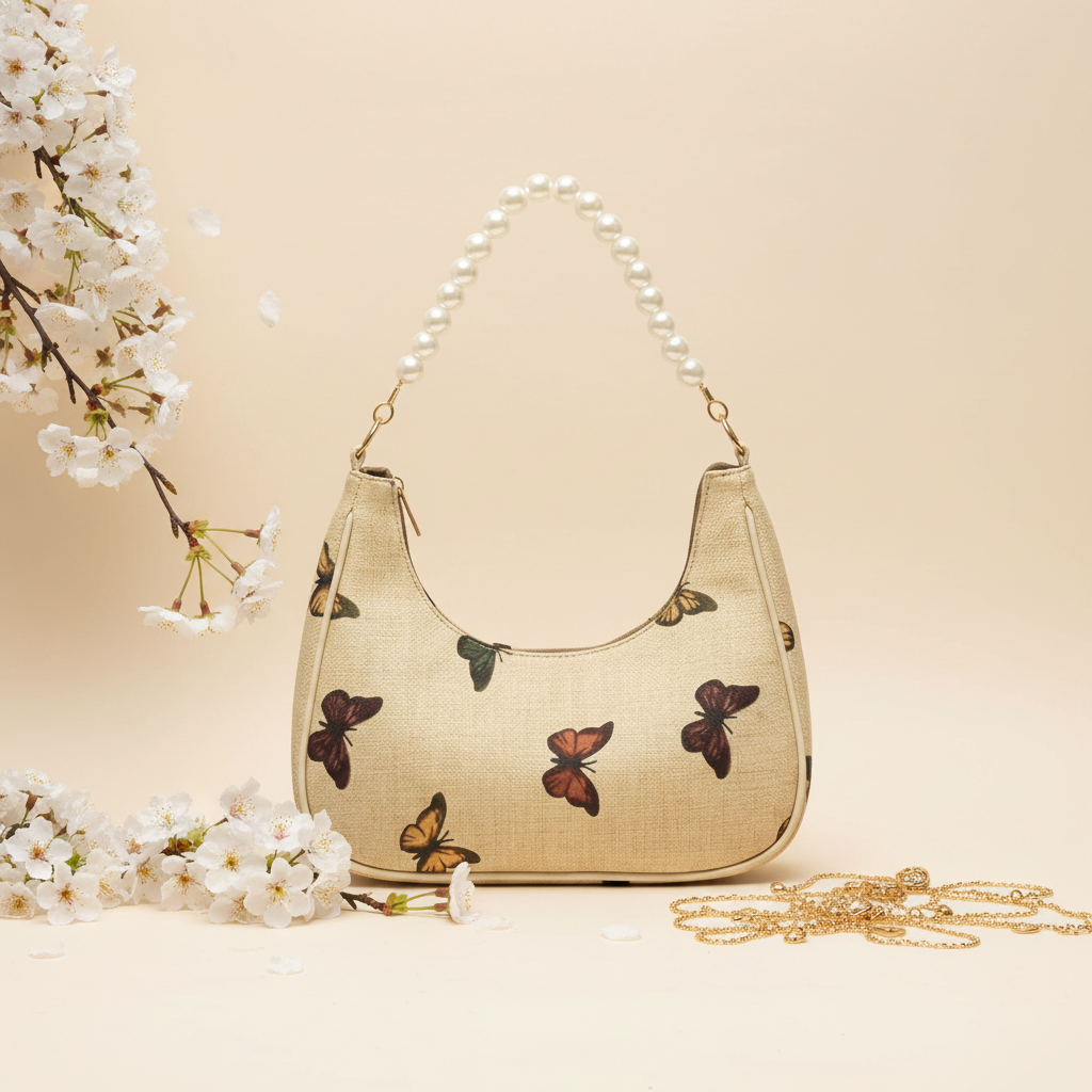 Rangon Ki Titli Pearl Handle Bag – Butterfly Print Shoulder Bag | Nayab Khatoon
