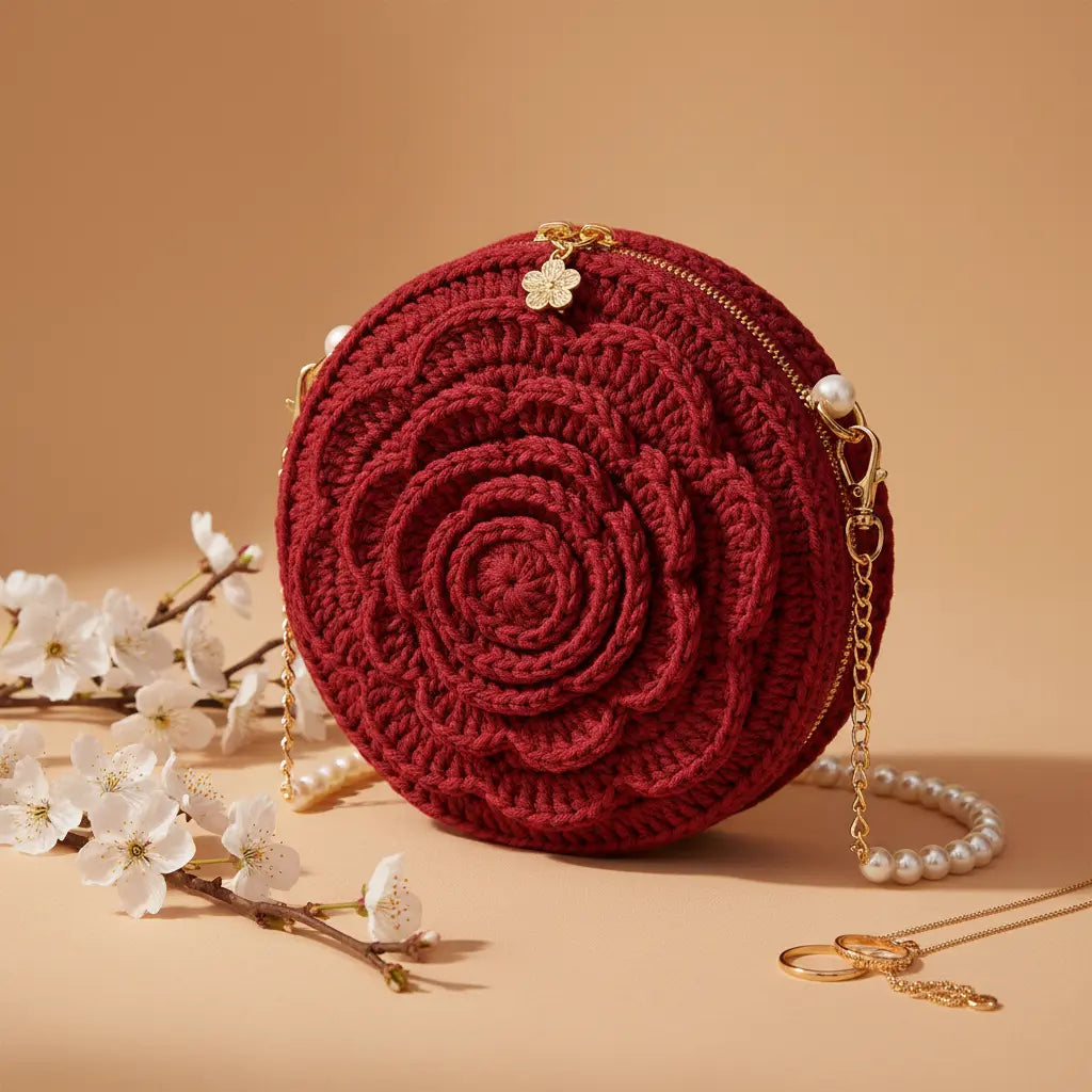 Bloomé Handmade Crochet Rose Crossbody Bag red