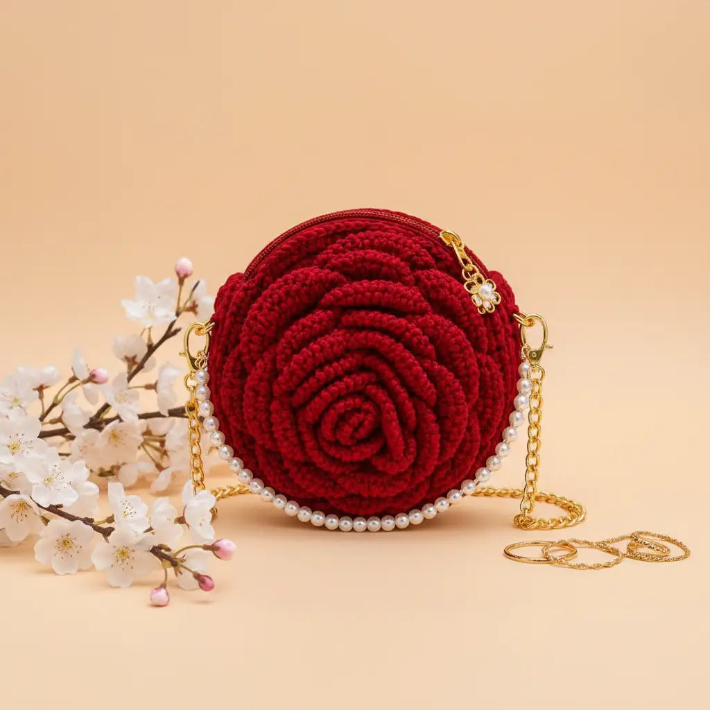 Bloomé Handmade Crochet Rose Crossbody Bag red